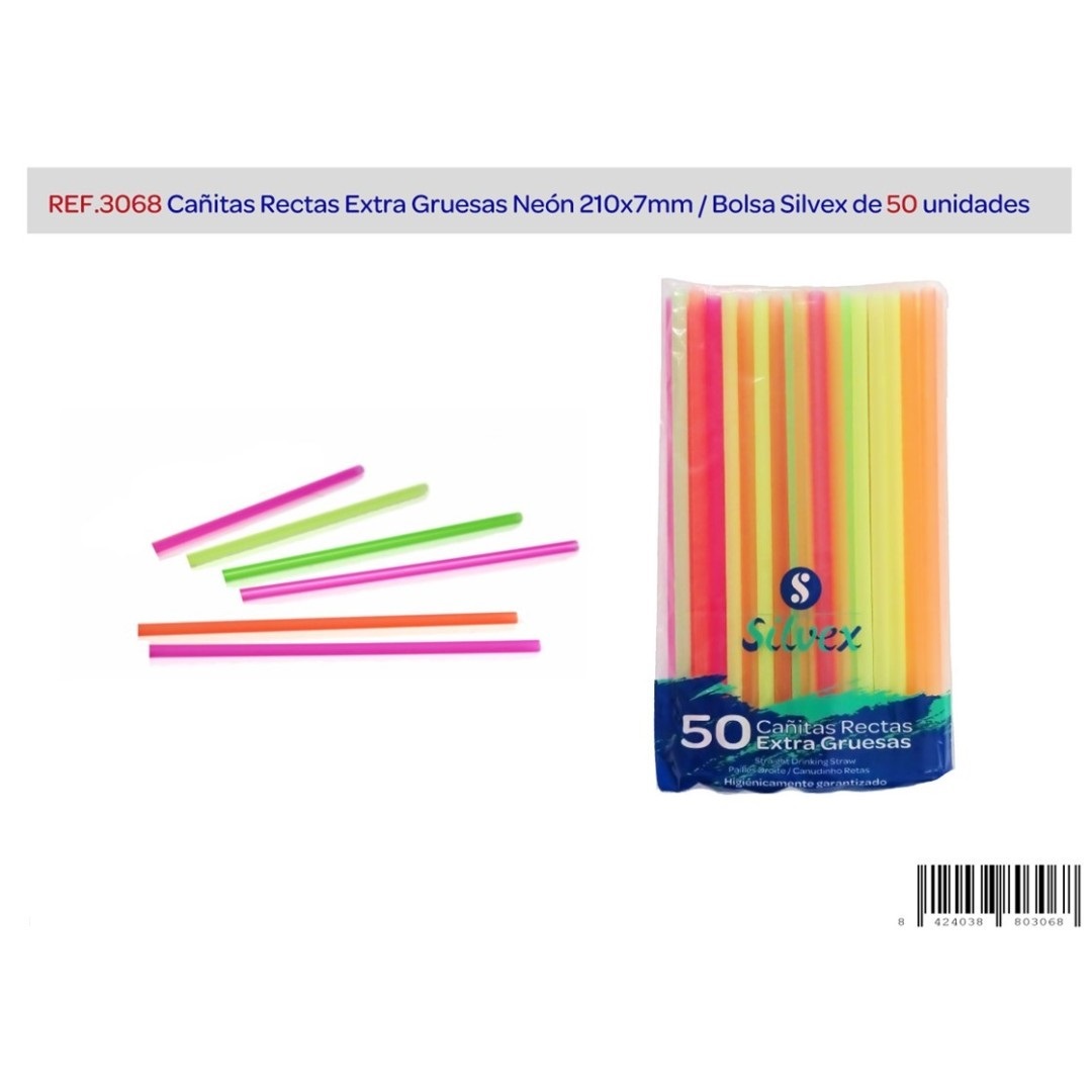 Cañita recta neón extra gruesa 50u.